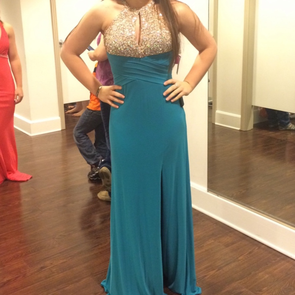 Blue prom dress with sequence top